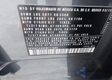 2019 Volkswagen Tiguan 2.0T S из США, поврежденный, VIN 3VV0B7AX9KM111985